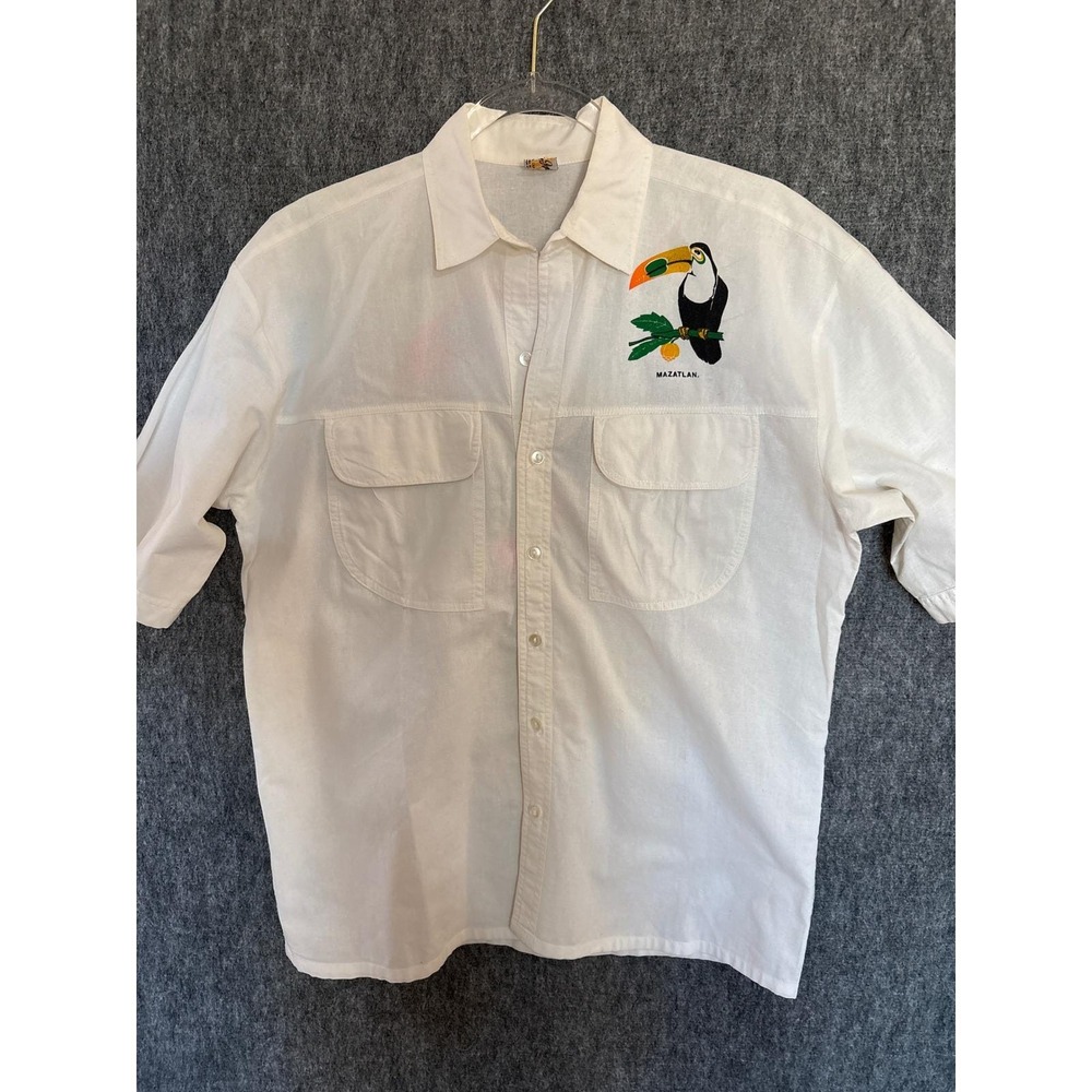 Vintage Maya Real Alta Calidad Mazatlan Toucan Shirt Mens Small White Mexico